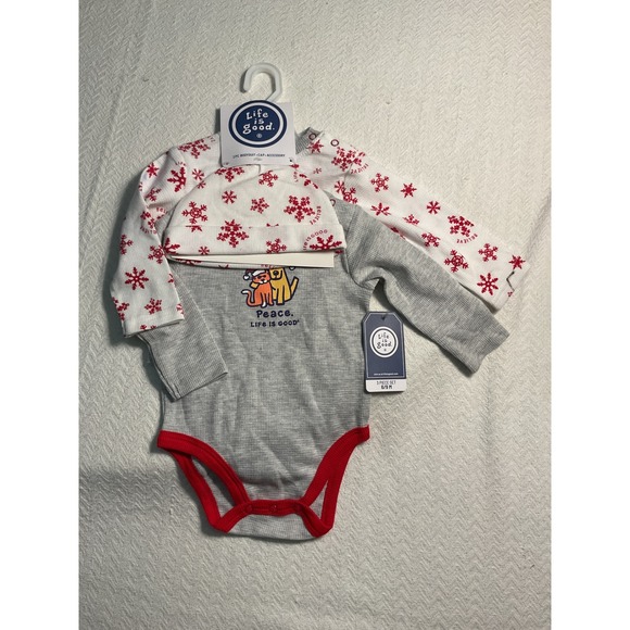 Life is Good Baby 3PC Bodysuit Cap Set 6-9M Holiday Peace Christmas Outfit - Picture 1 of 6